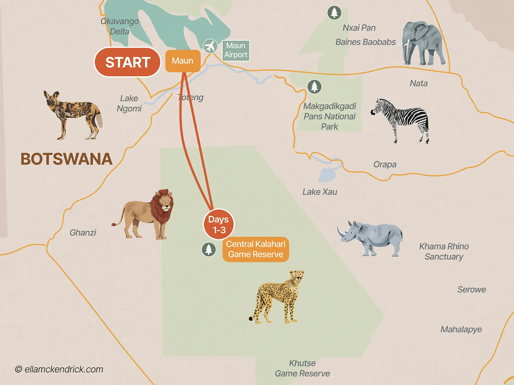 3-Day Central Kalahari, Botswana safari itinerary map