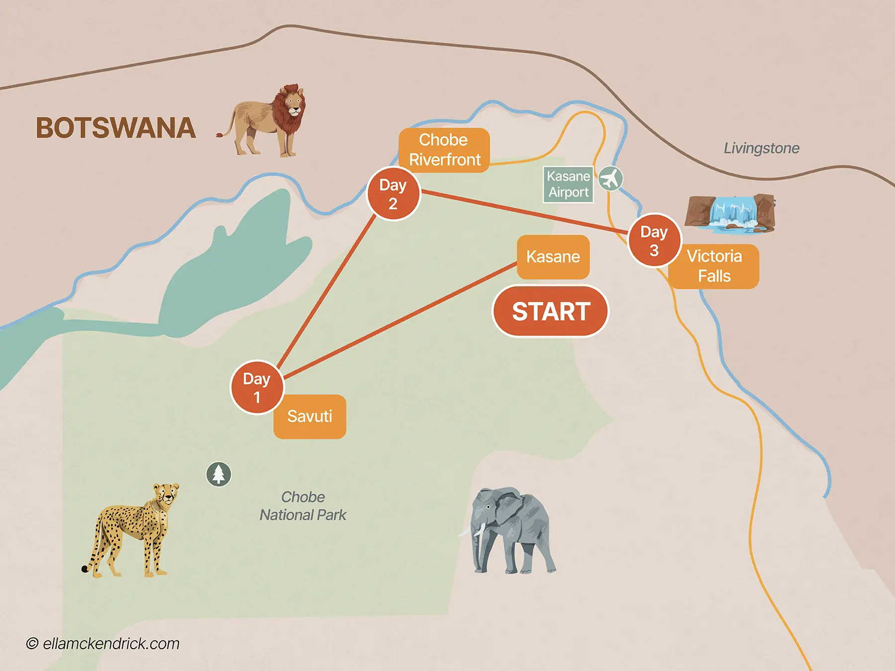 3-Day Chobe and Victoria Falls, Botswana safari itinerary map