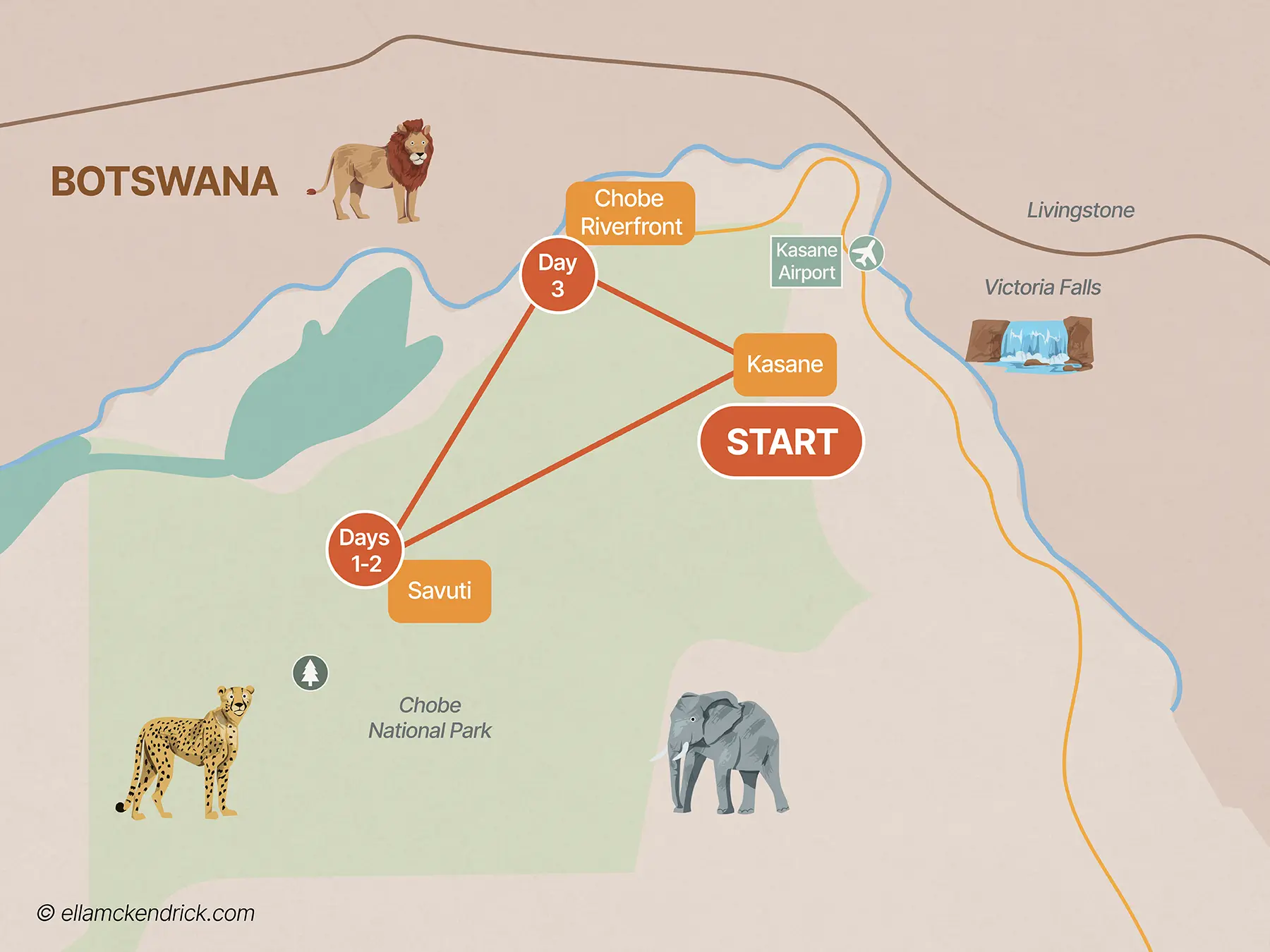 3-Day Chobe, Botswana safari itinerary map