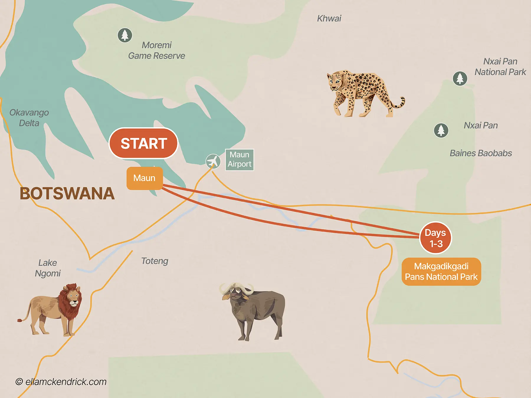 3-Day Makgadikgadi Pans, Botswana safari itinerary map