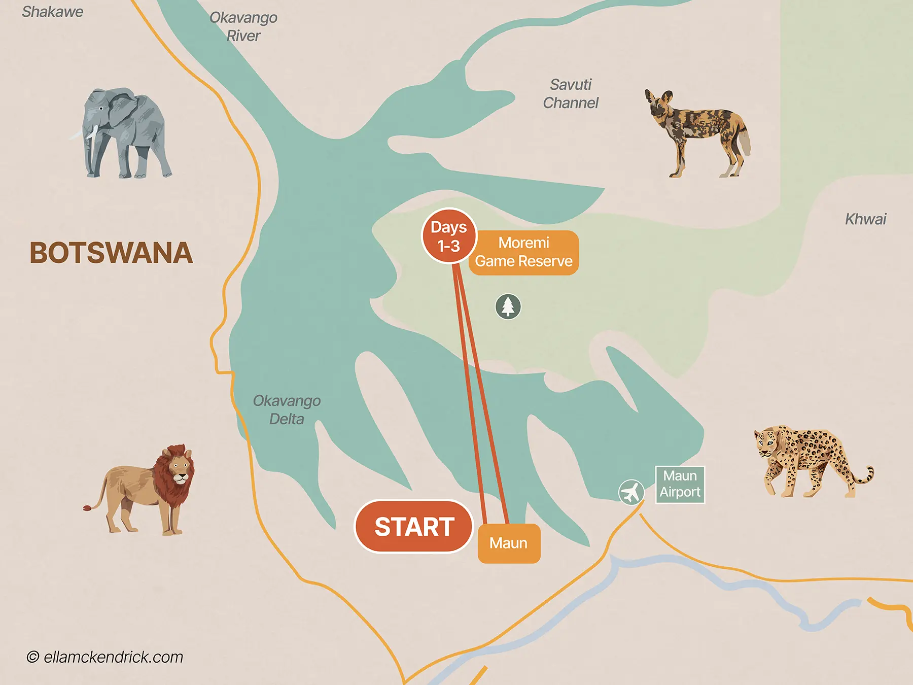 3-Day Okavango Delta, Botswana safari itinerary map