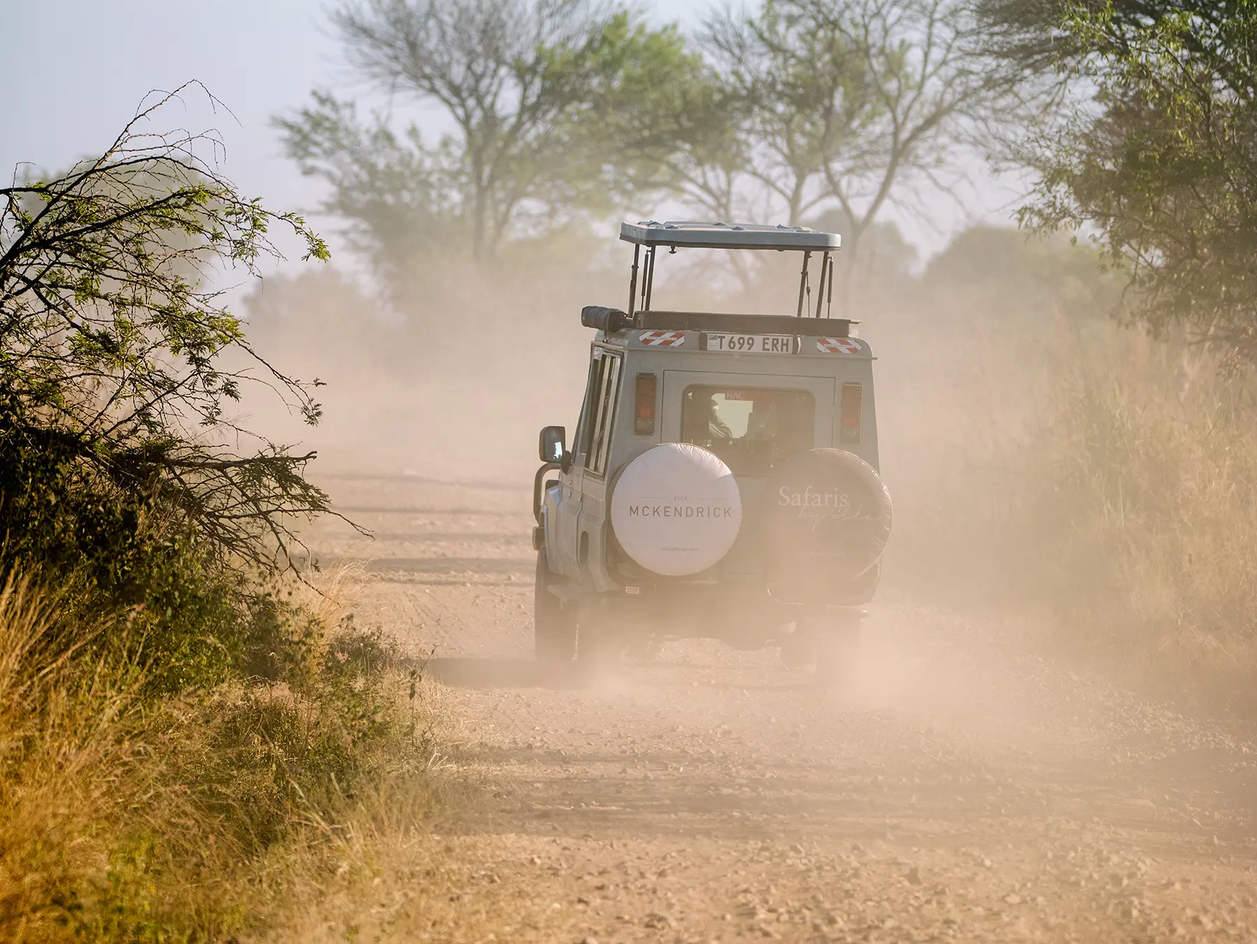 Land Cruiser driving away down a dusty trail lined with acacia scrub on safari in Serengeti National Park, Tanzania