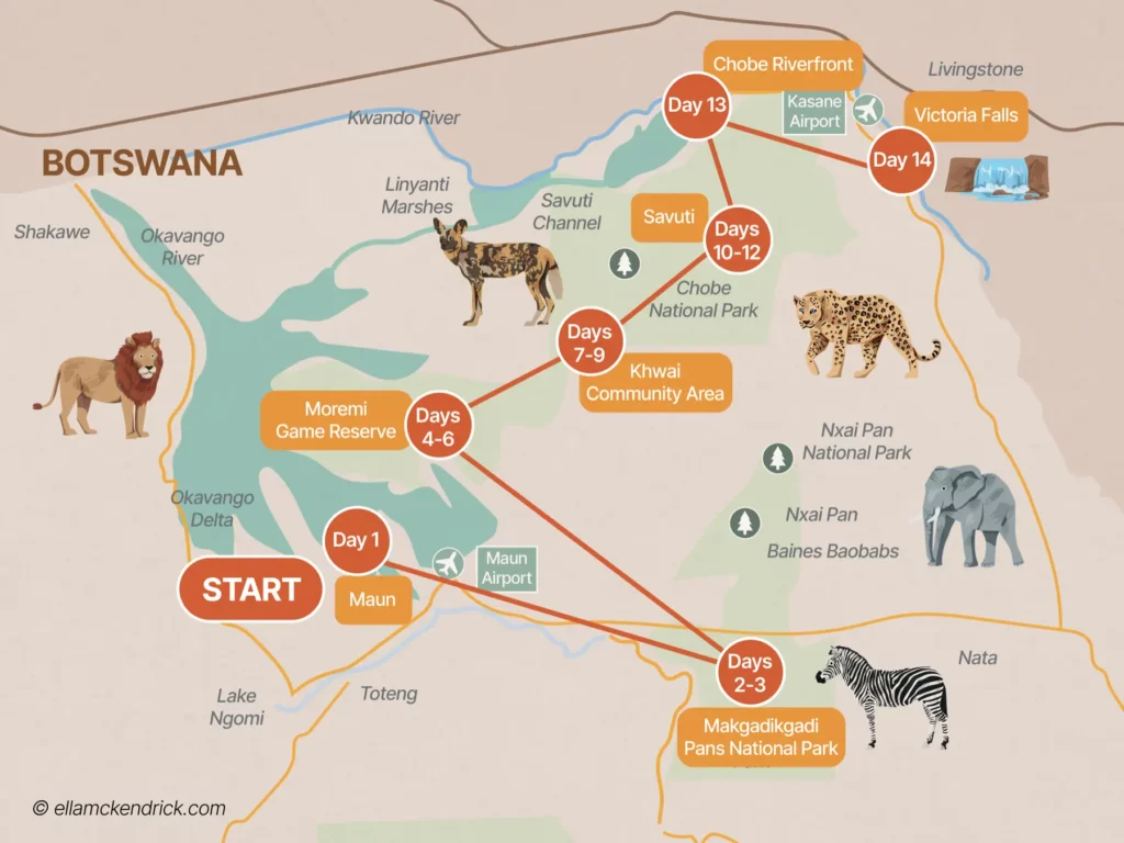 2 week botswana safari itinerary map