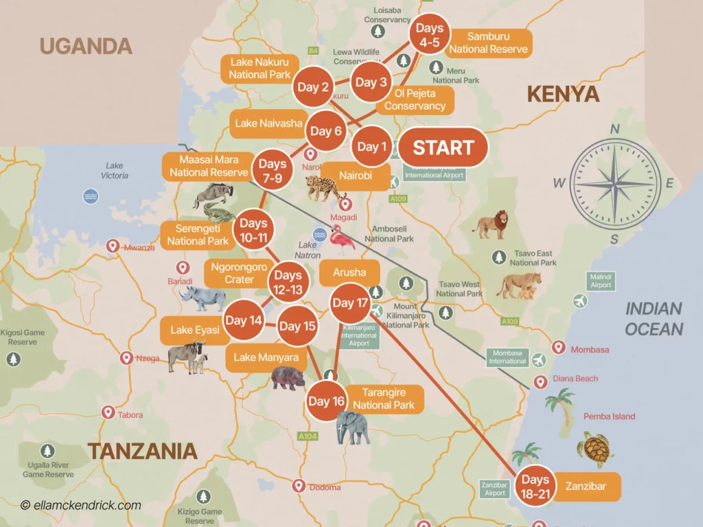 3-week kenya and tanzania safari itinerary map
