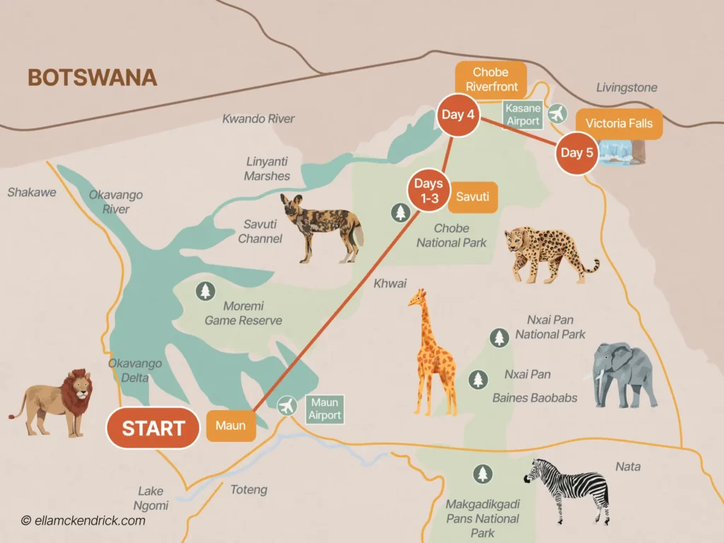 5 day botswana chobe and victoria falls safari itinerary map