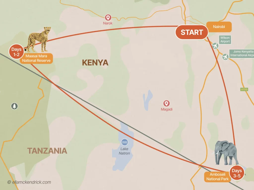 5 day kenya highlights safari itinerary map