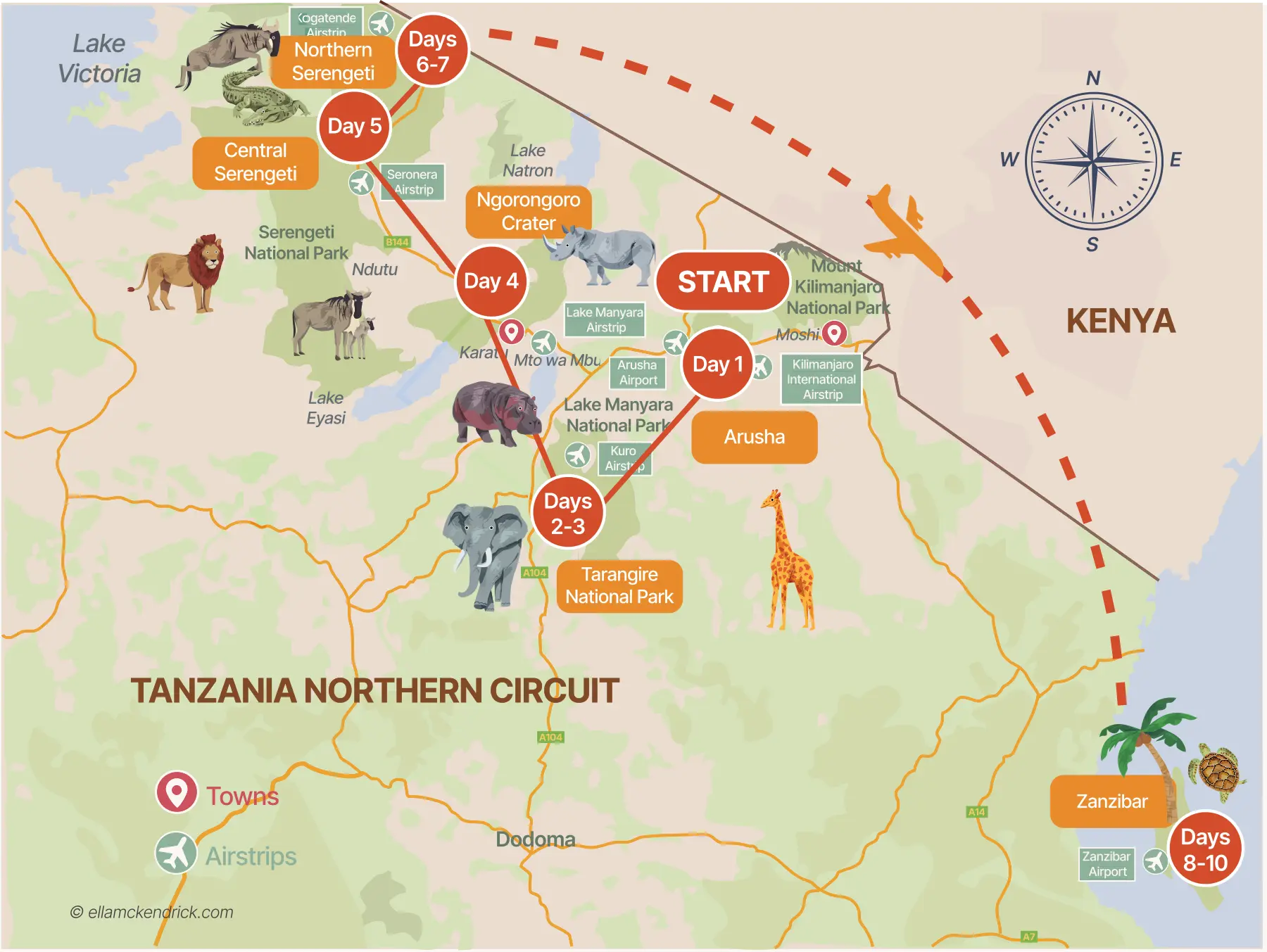 7-10 Day Tanzania Safari Itinerary Map