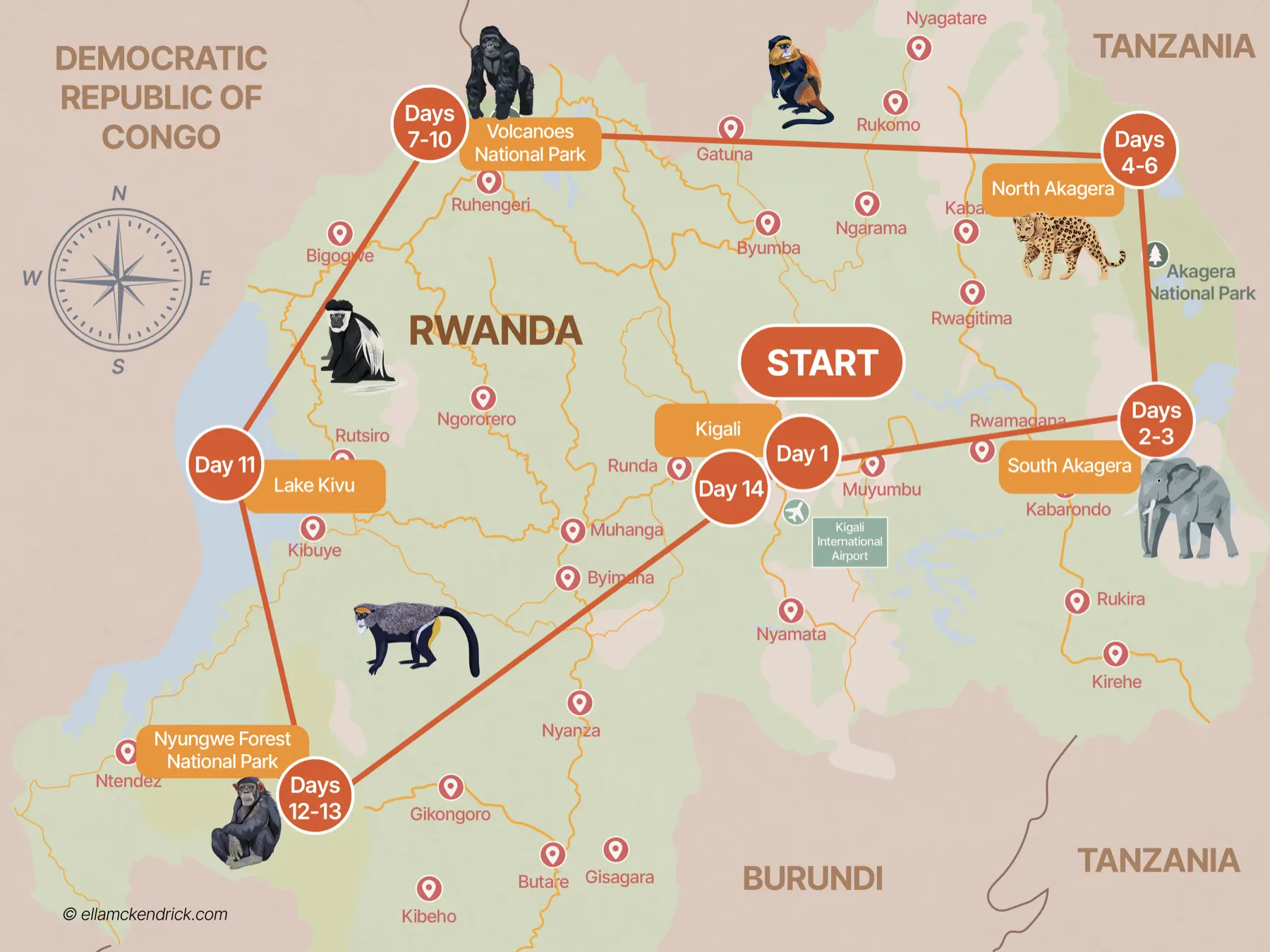 2-week rwanda itinerary route map